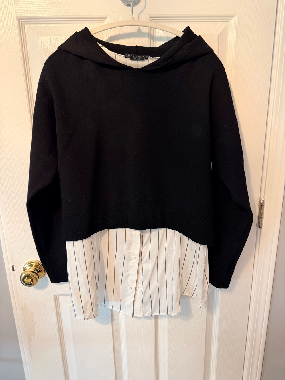 Alice + Olivia Black Crew Sweater with White Striped Shirttail